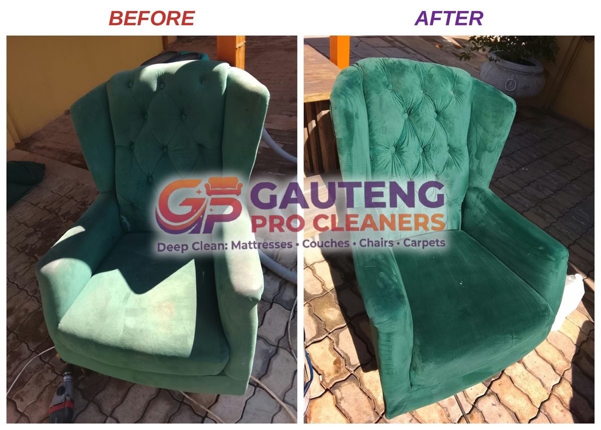 Before and after velvet armchair cleaning by Gauteng Pro Cleaners